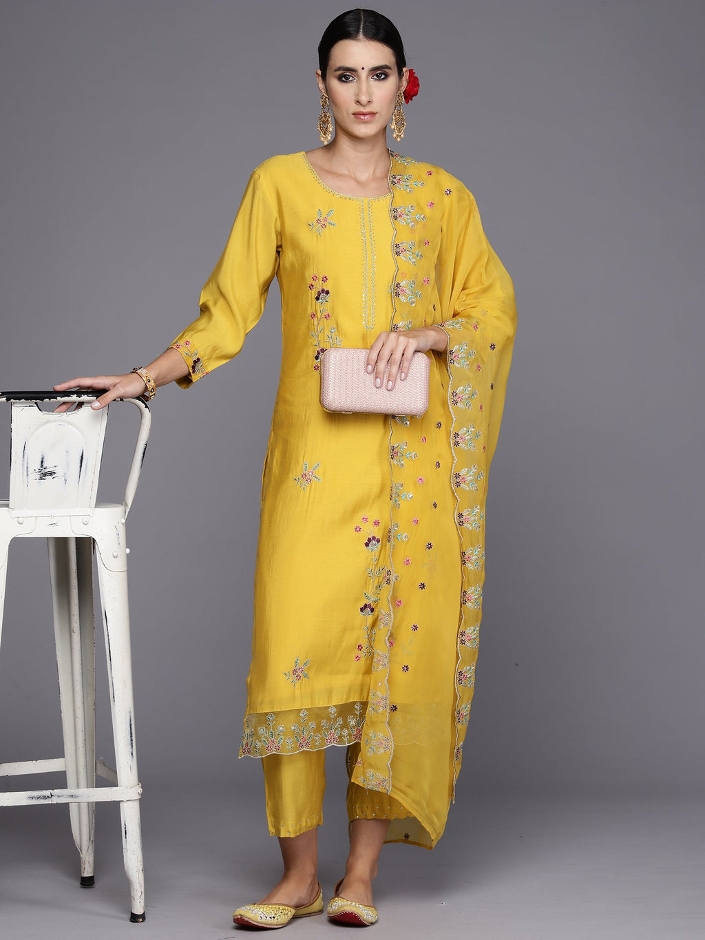 Indo Era Yellow Embroidered Straight Kurta Trousers With Dupatta Set