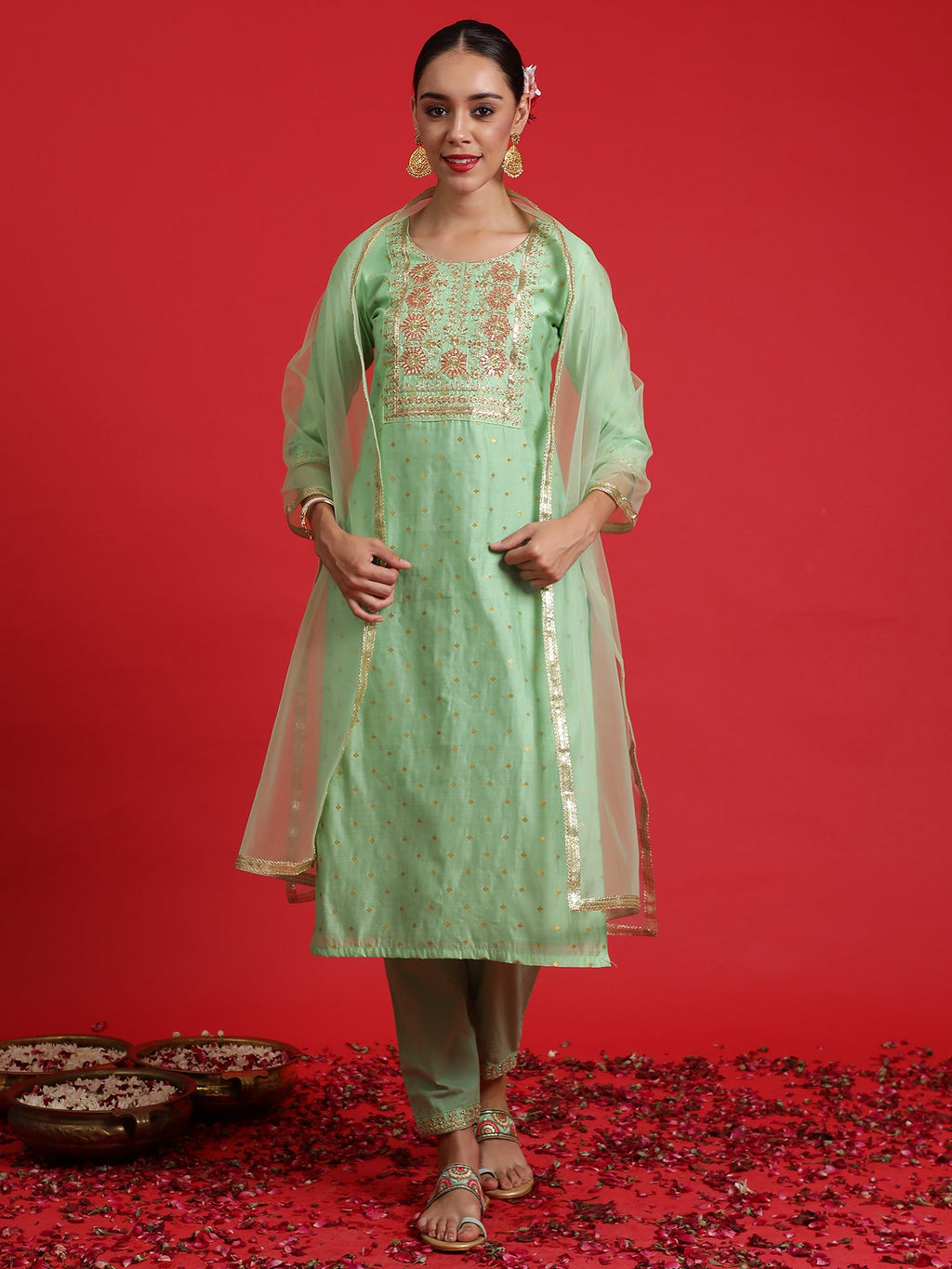 Indo Era Green Embroidered Straight Kurta Trousers With Dupatta Set