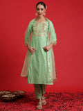 Indo Era Green Embroidered Straight Kurta Trousers With Dupatta Set