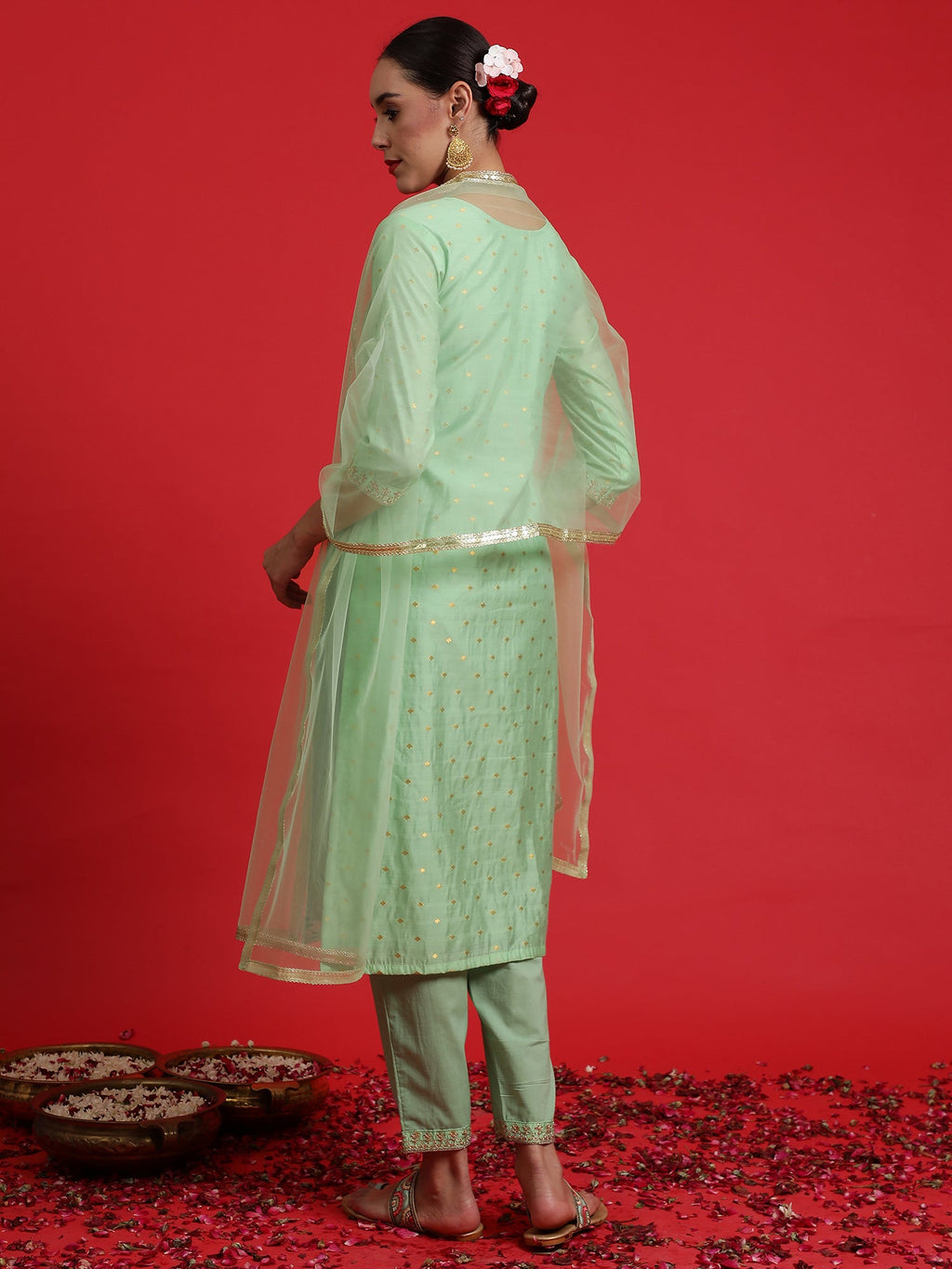 Indo Era Green Embroidered Straight Kurta Trousers With Dupatta Set