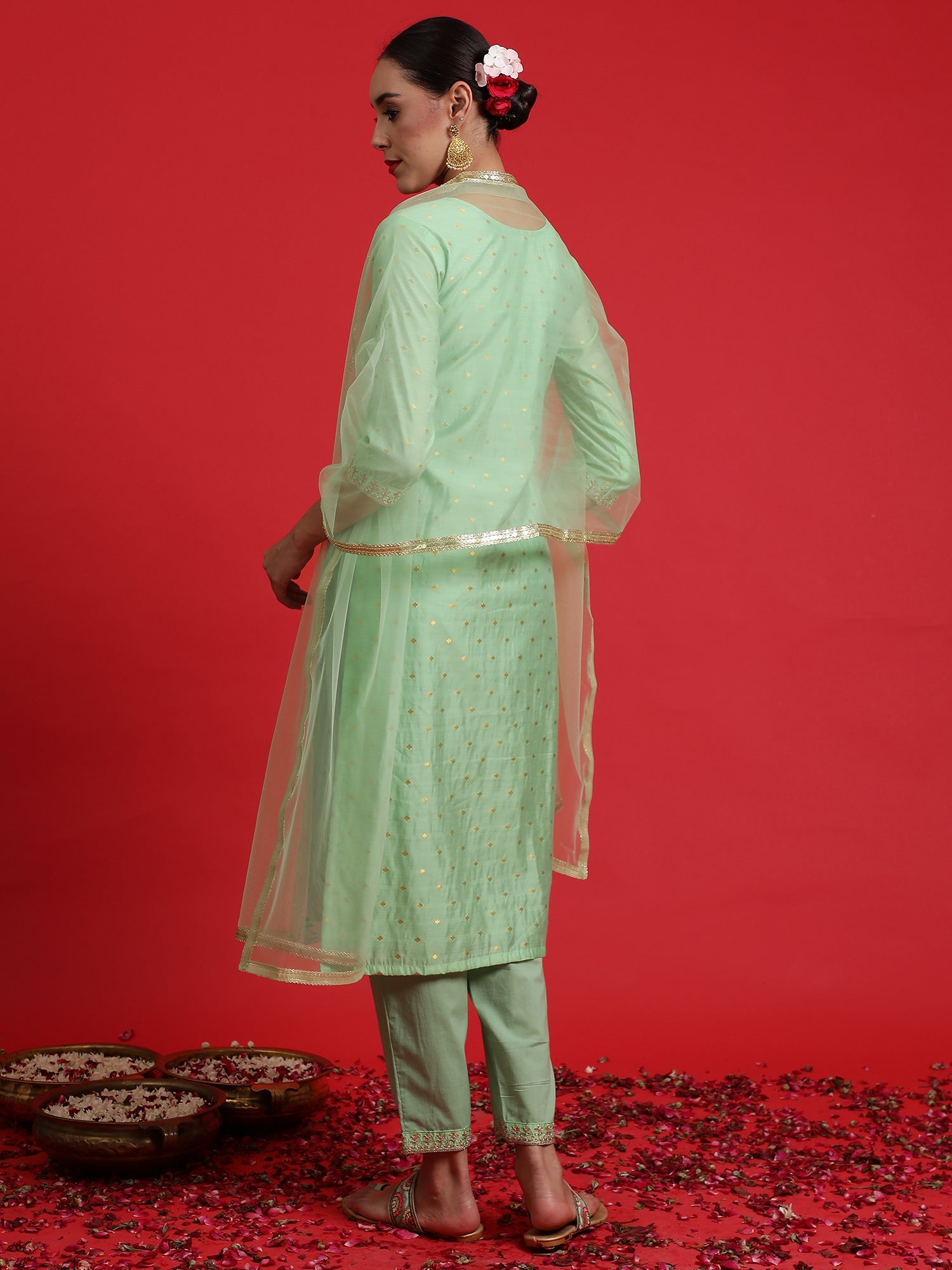 Indo Era Green Embroidered Straight Kurta Trousers With Dupatta Set