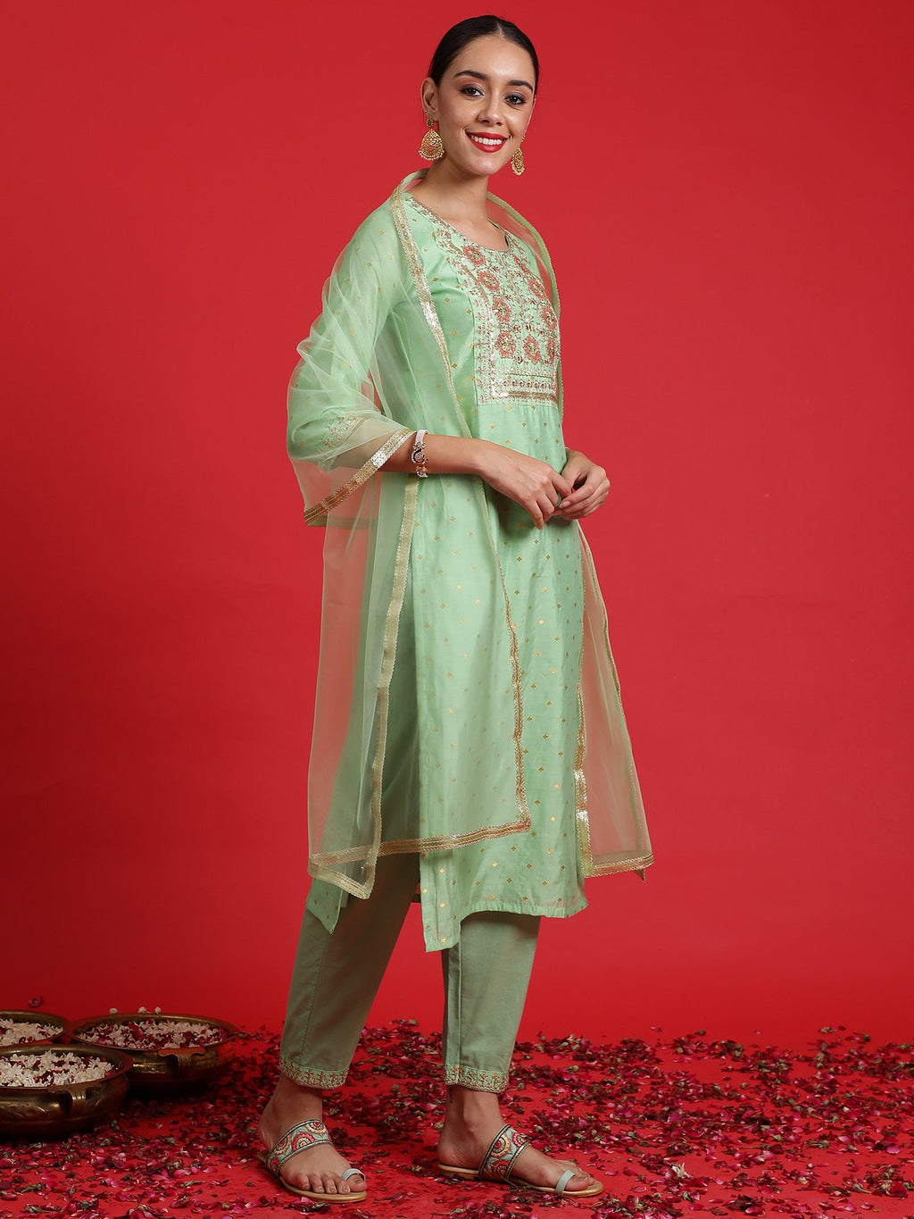 Indo Era Green Embroidered Straight Kurta Trousers With Dupatta Set