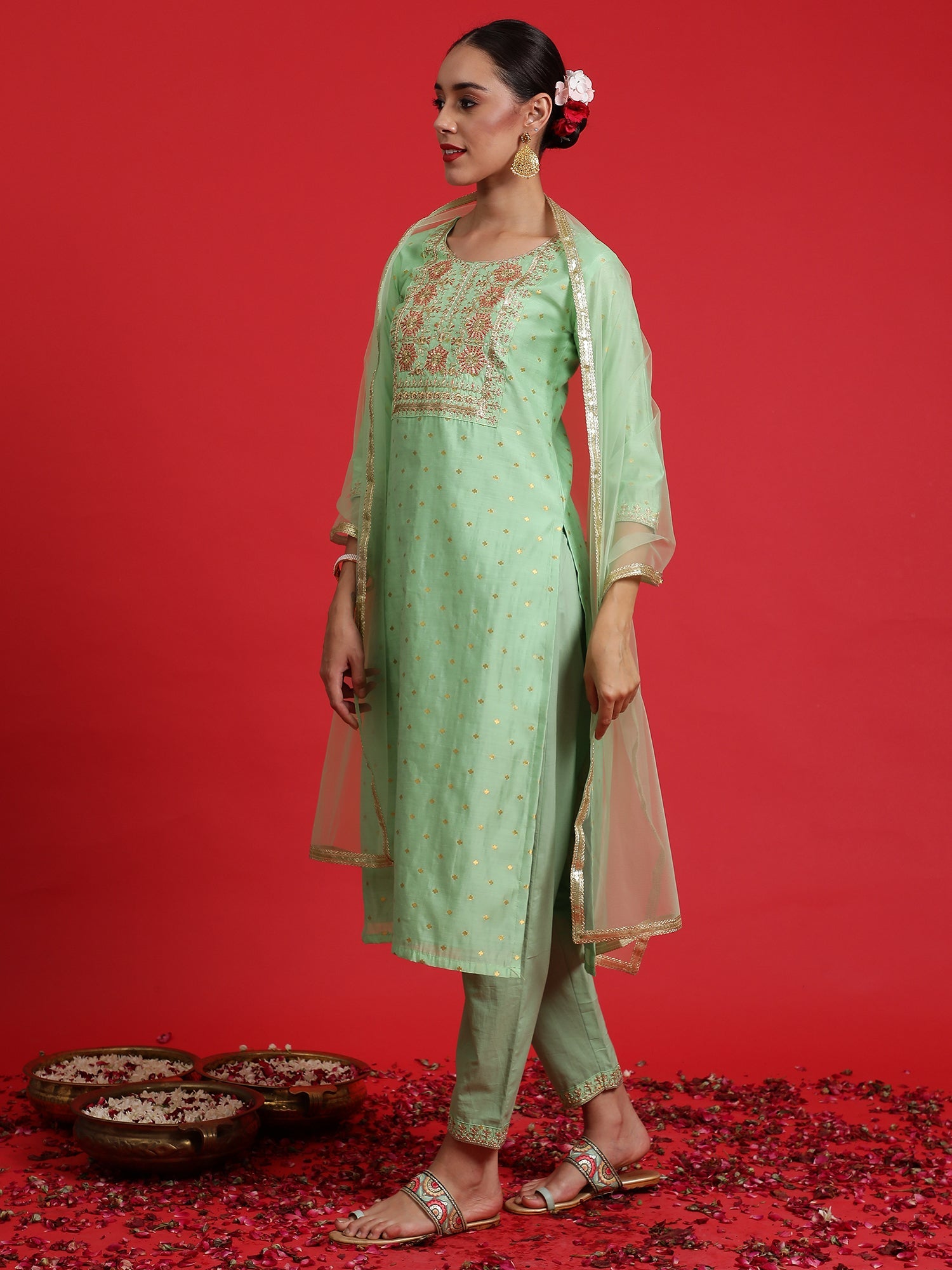 Indo Era Green Embroidered Straight Kurta Trousers With Dupatta Set
