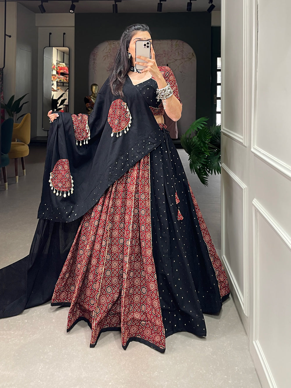 Lorenvalley Pure Cotton Printed And Over All Mirror Work With Gotta Patti Touchup Lehenga Choli with Dupatta