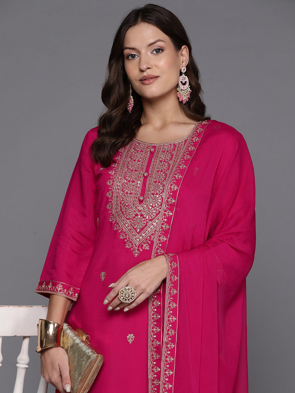 Indo Era Pink Embroidered Straight Kurta Trousers With Dupatta Set