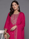 Indo Era Pink Embroidered Straight Kurta Trousers With Dupatta Set
