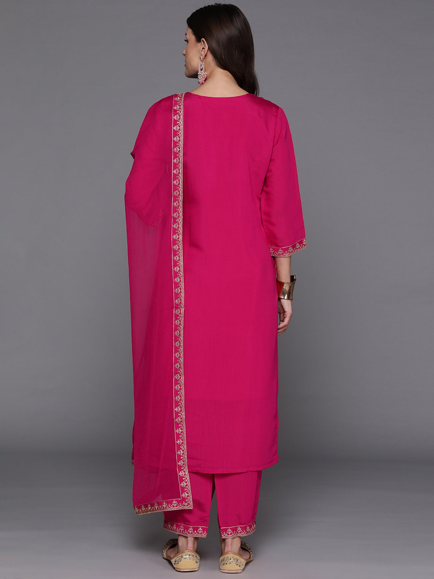 Indo Era Pink Embroidered Straight Kurta Trousers With Dupatta Set
