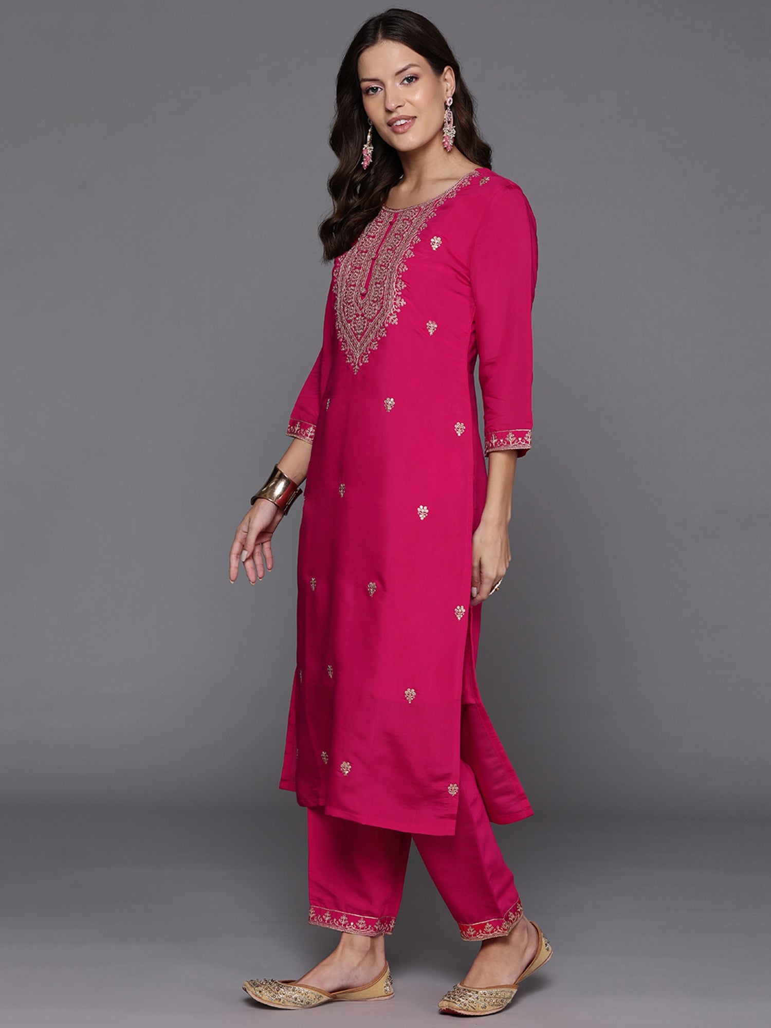 Indo Era Pink Embroidered Straight Kurta Trousers With Dupatta Set