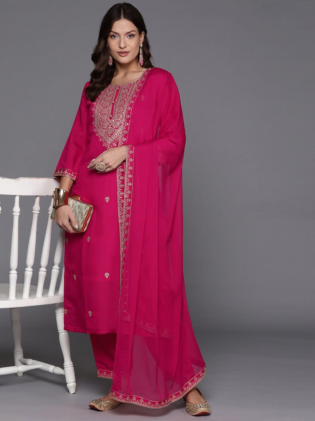 Indo Era Pink Embroidered Straight Kurta Trousers With Dupatta Set