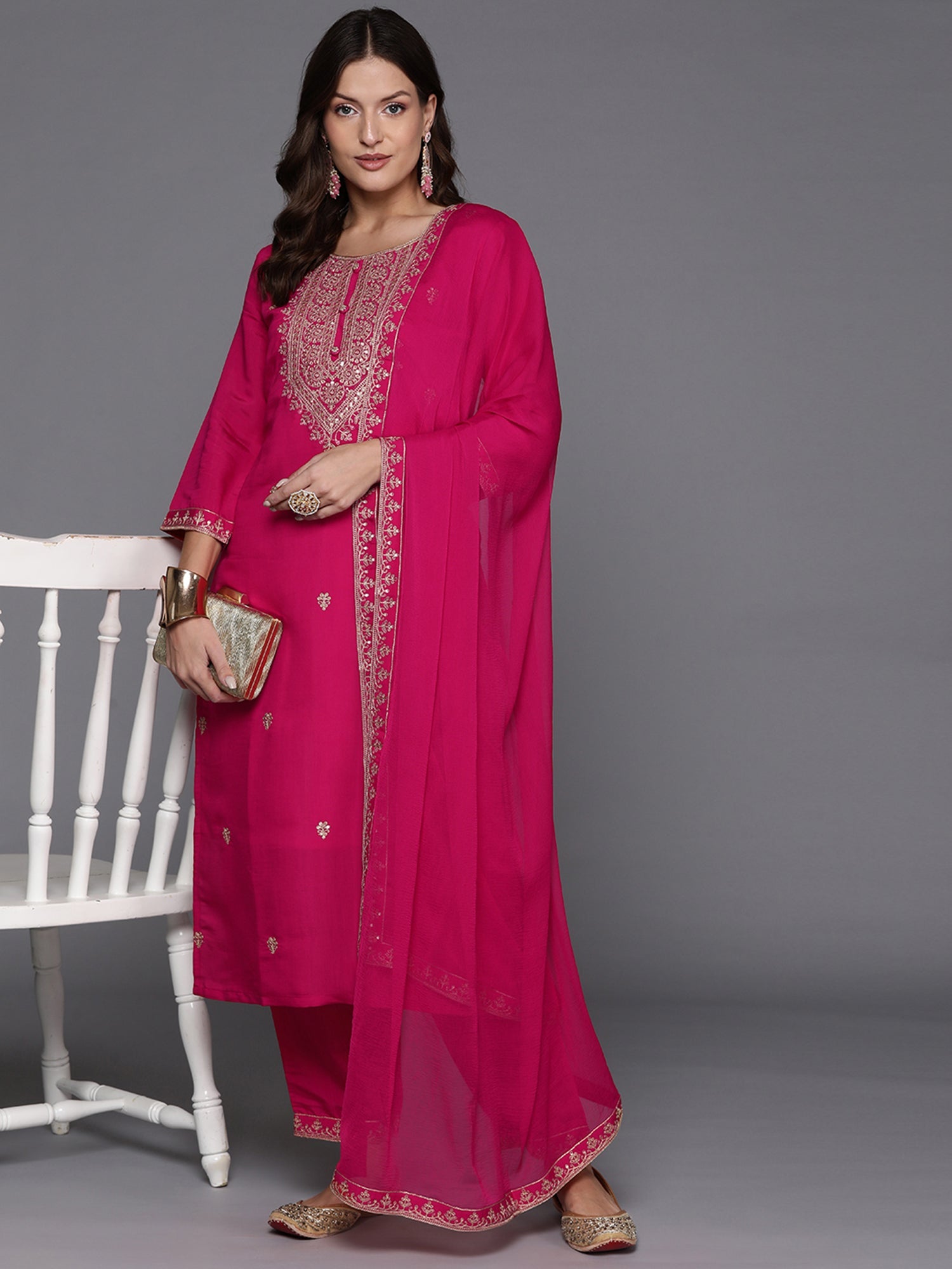 Indo Era Pink Embroidered Straight Kurta Trousers With Dupatta Set