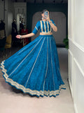 Lorenvalley Fashion Firozi Chiffon Bandhej Print with Sequins and Gotta Patti Lace Touch Up Lehenga Choli