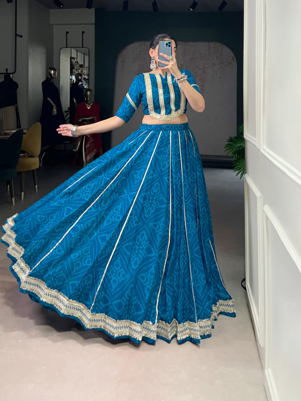 Lorenvalley Fashion Firozi Chiffon Bandhej Print with Sequins and Gotta Patti Lace Touch Up Lehenga Choli