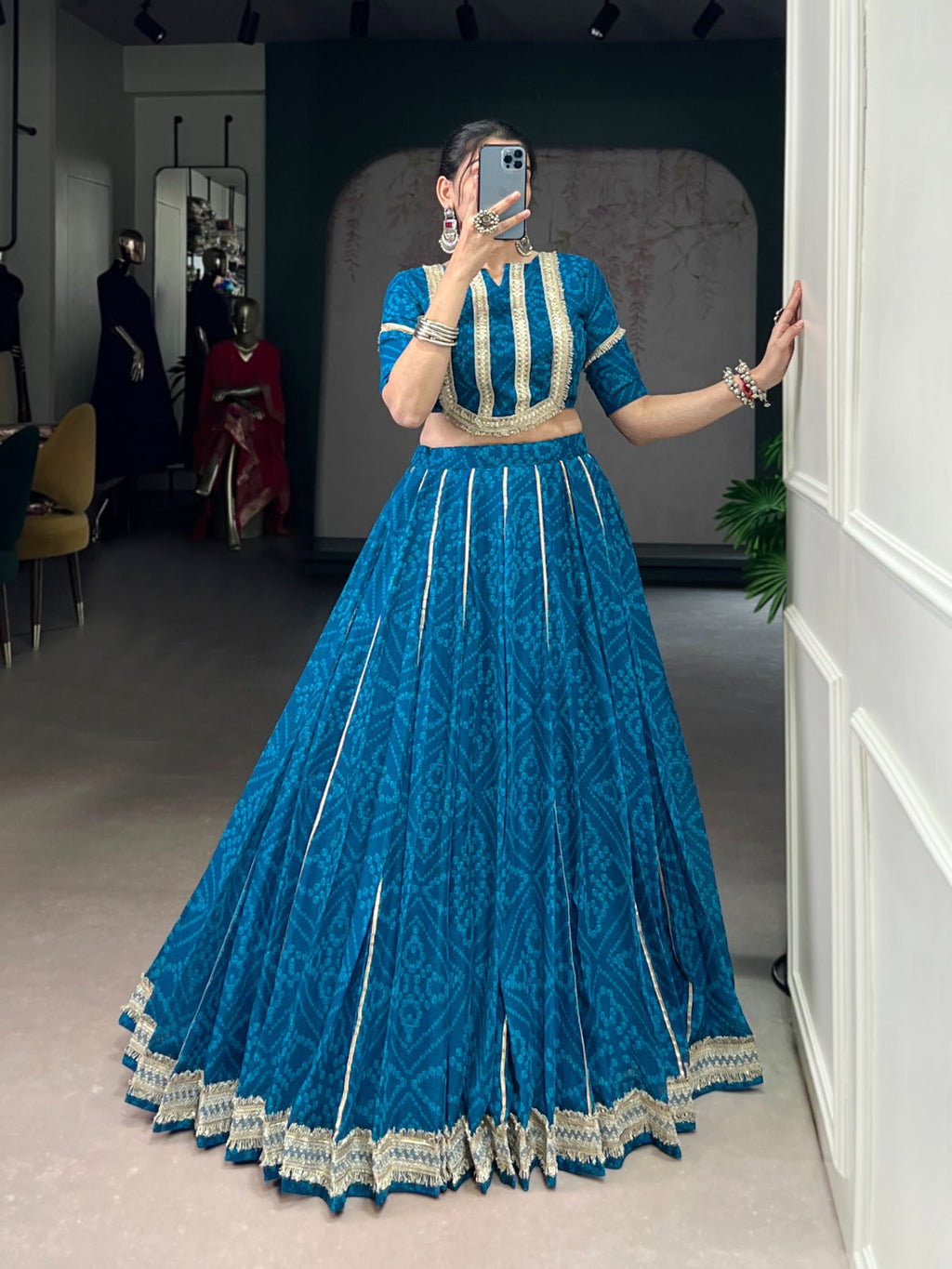 Lorenvalley Fashion Firozi Chiffon Bandhej Print with Sequins and Gotta Patti Lace Touch Up Lehenga Choli