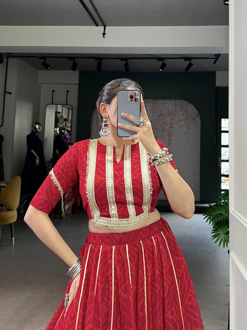 Lorenvalley Fashion Red Chiffon Bandhej Print with Sequins and Gotta Patti Lace Touch Up Lehenga Choli