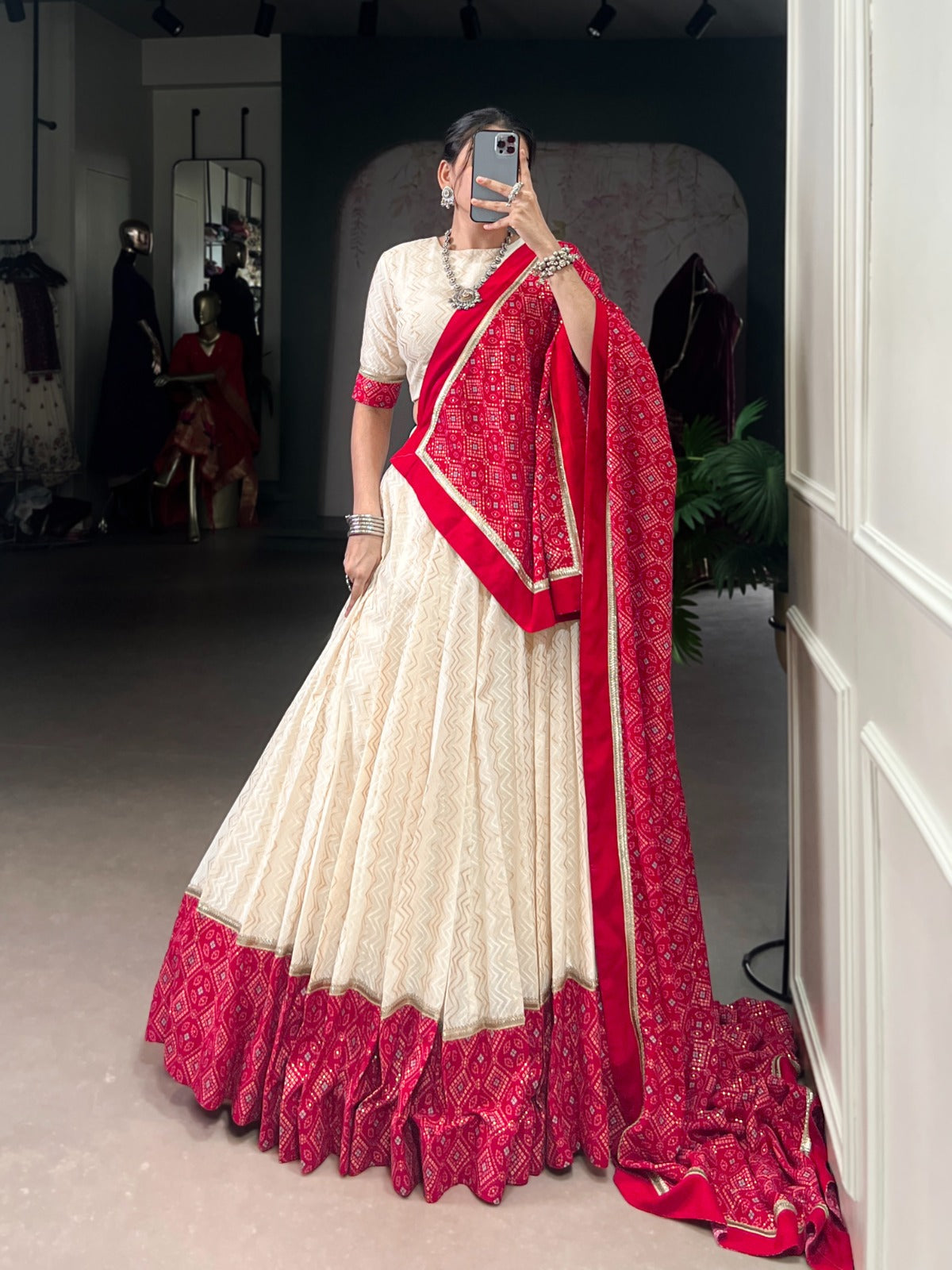Lorenvalley Fashion Offwhite Cotton Zigzag and Bandhej Print With Sequins Lace Touch Up Lehenga Choli with Dupatta