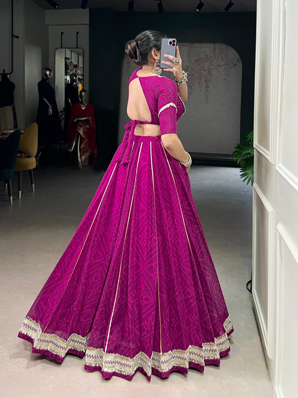 Lorenvalley Fashion Wine Chiffon Bandhej Print with Sequins and Gotta Patti Lace Touch Up Lehenga Choli