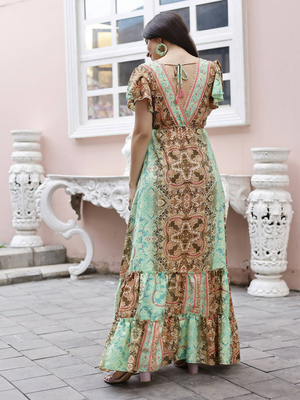 Sea Green Rayon Foil Printed Long Dress - Michan