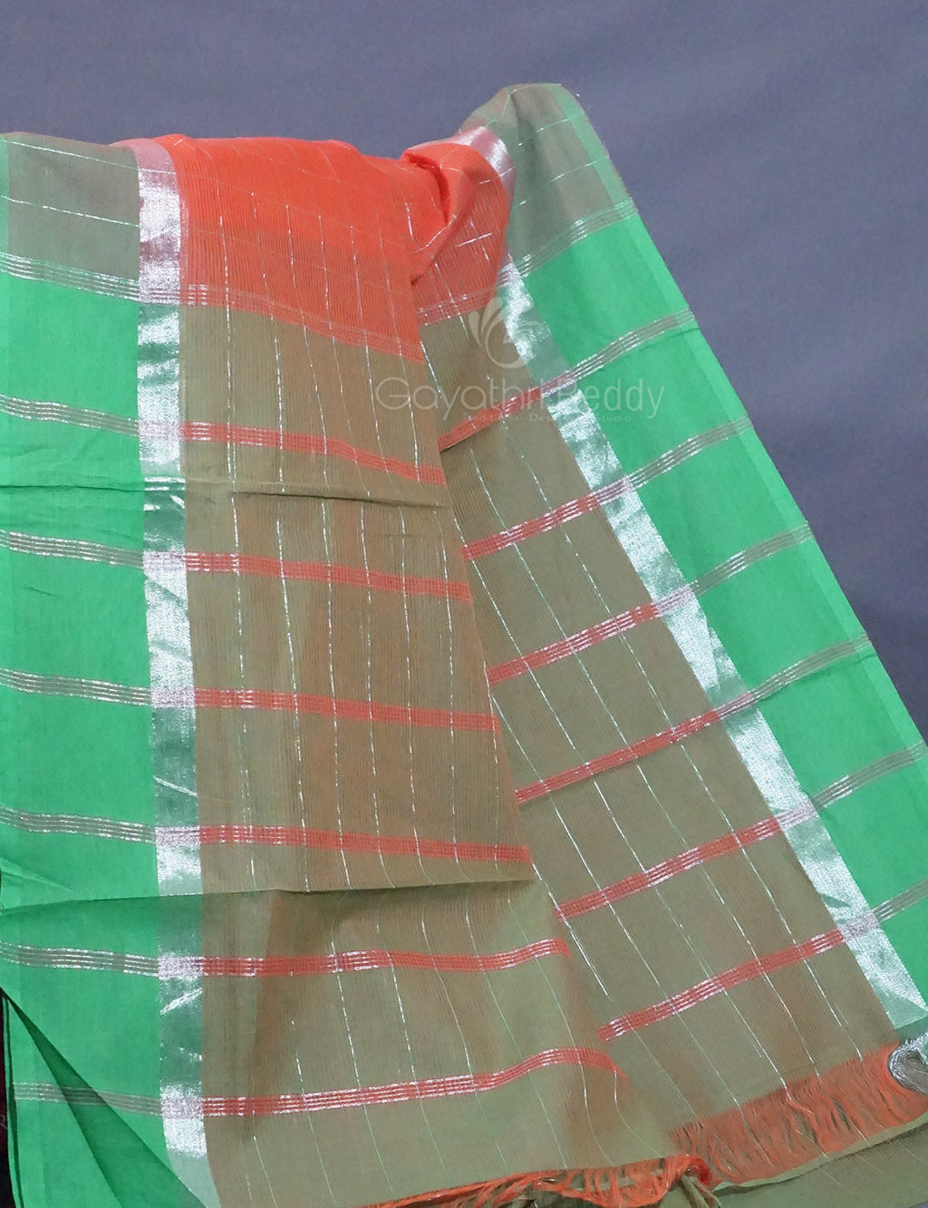 Dual Shade of Tomato Peach And Aqua Green Pure Mangalgiri Cotton By Gayathri Reddy Designer Studio