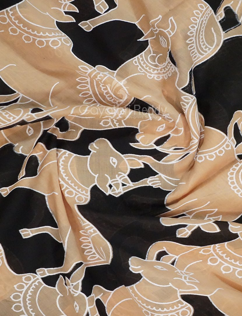 Black And Beige Combo Colour Pichwai Print Crocia Mulmul Cotton Saree By Gayathri Reddy Designer Studio