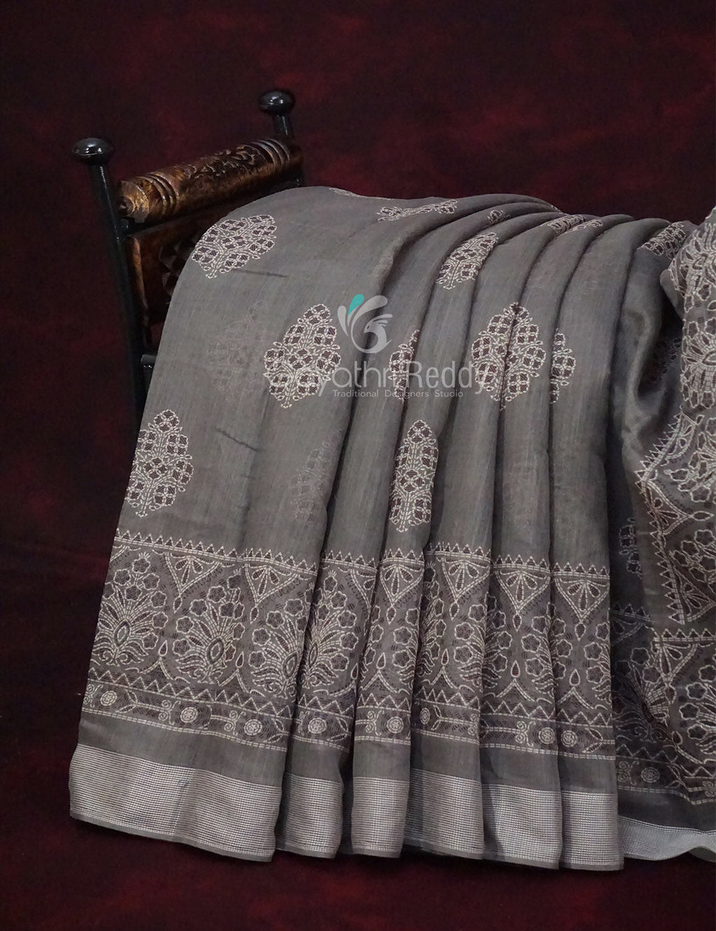 Grey Colored Block Printed Semi Chanderi Saree By Gayathri Reddy Designer Studio