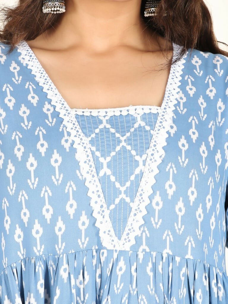 Aramya Blue Rayon Ikat Anarkali Kurta for Women