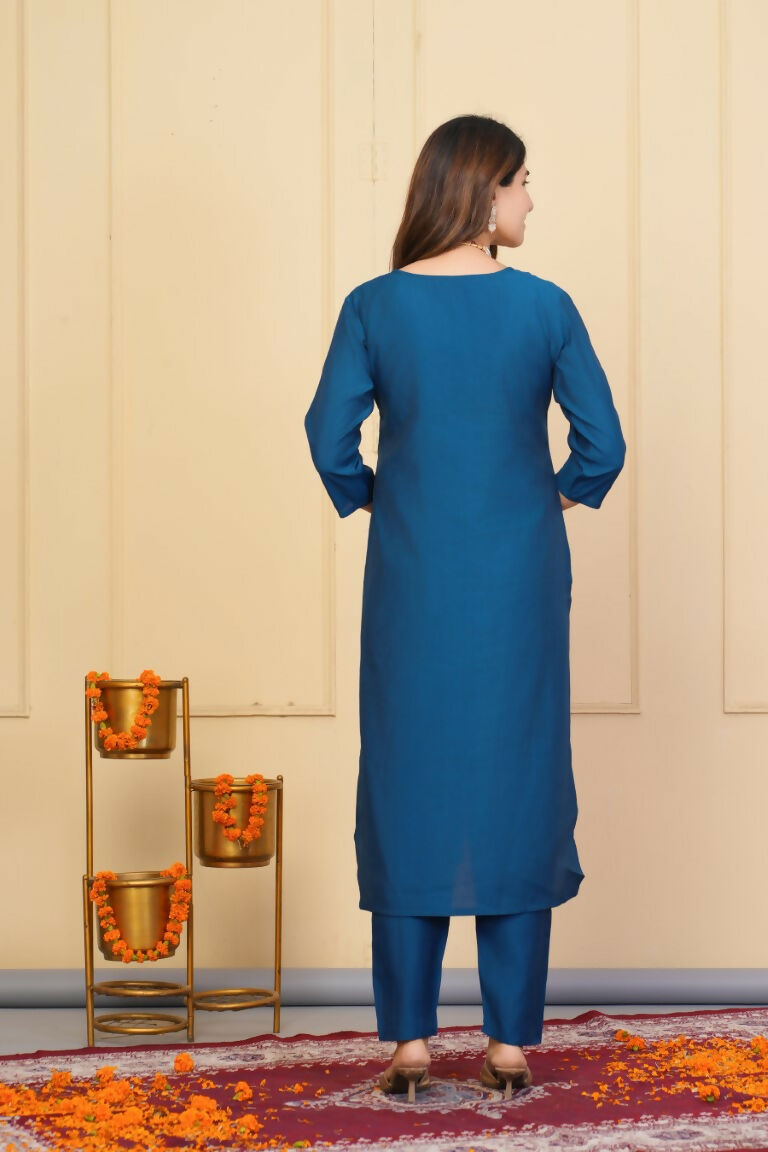 Rama Viscose Chanderi Embroidered Stitched Suit With Dupatta - Tanisha