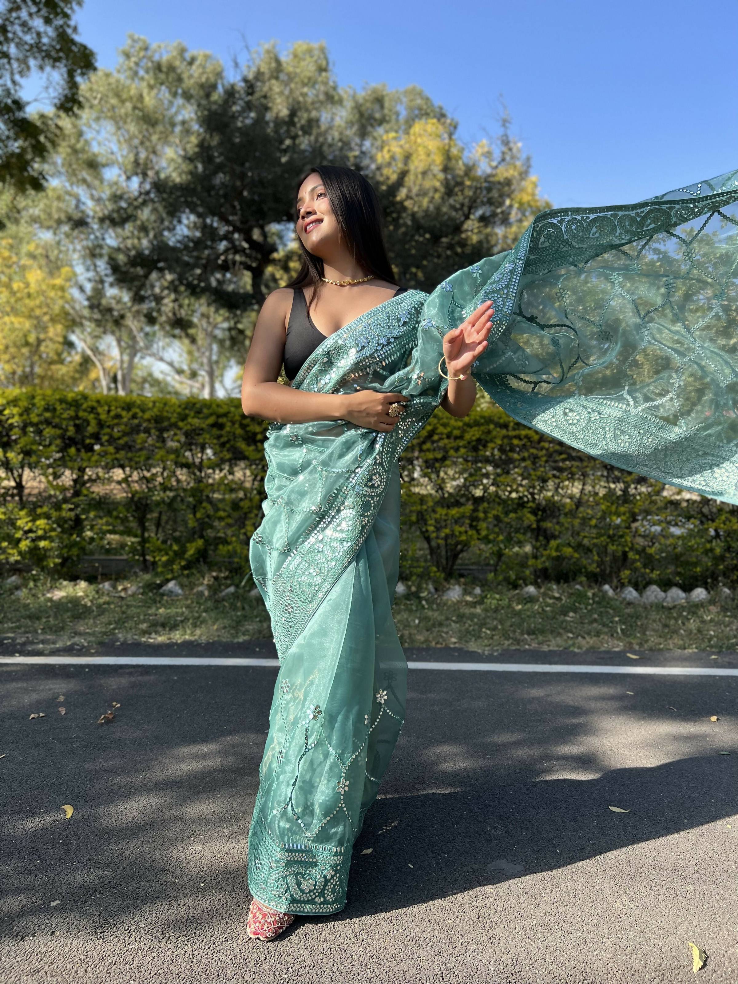Vamsee Naina Green Organza Saree