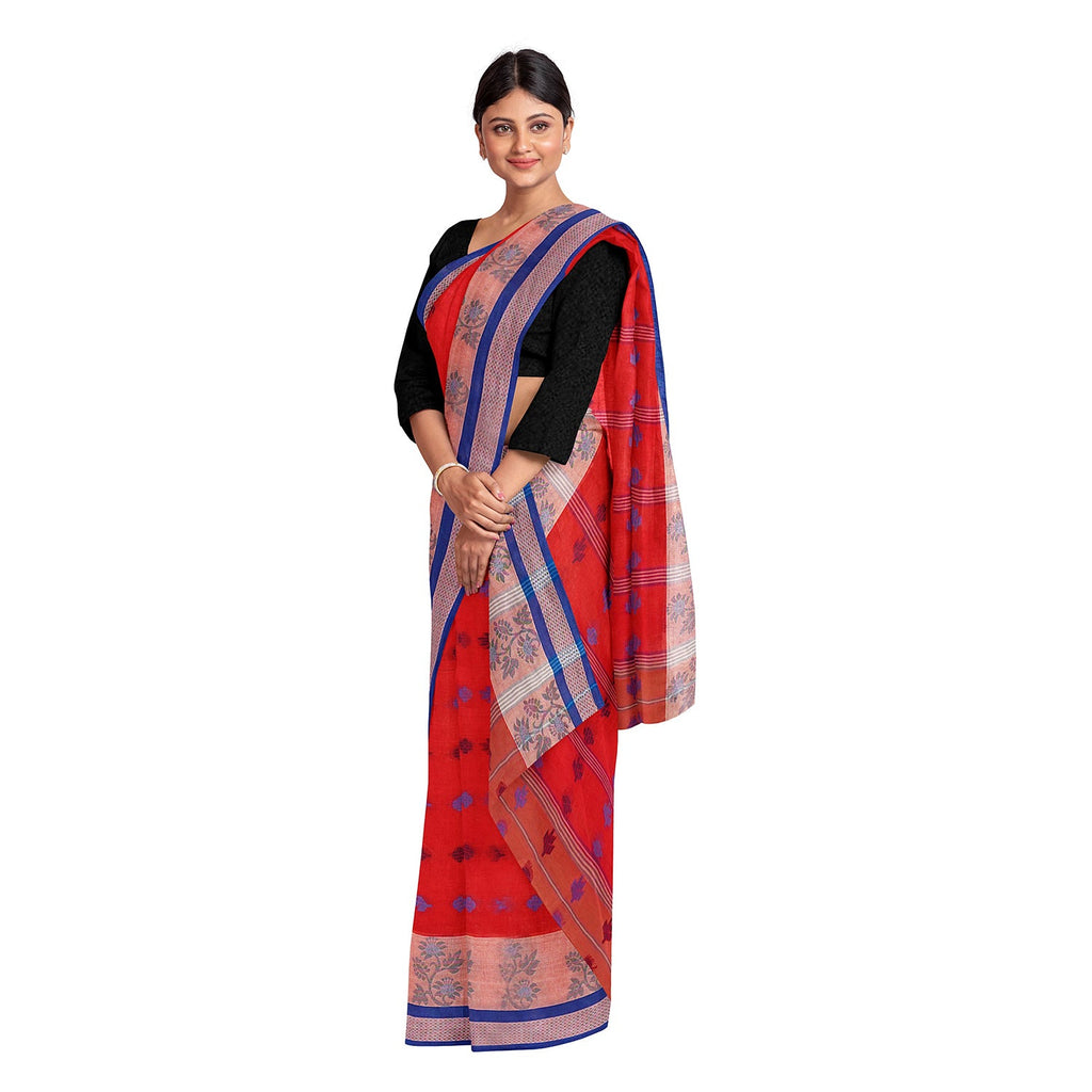 Exclusive Collection 100% Pure Cotton Red Tant Saree With Hand Weaving Work