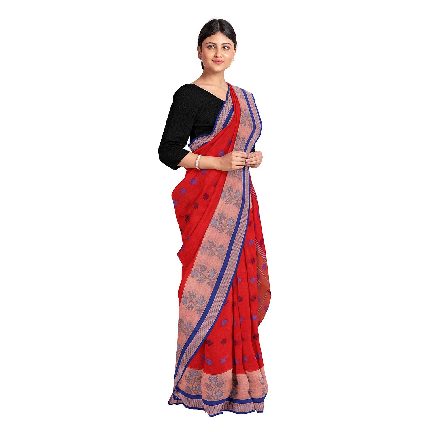 Exclusive Collection 100% Pure Cotton Red Tant Saree With Hand Weaving Work