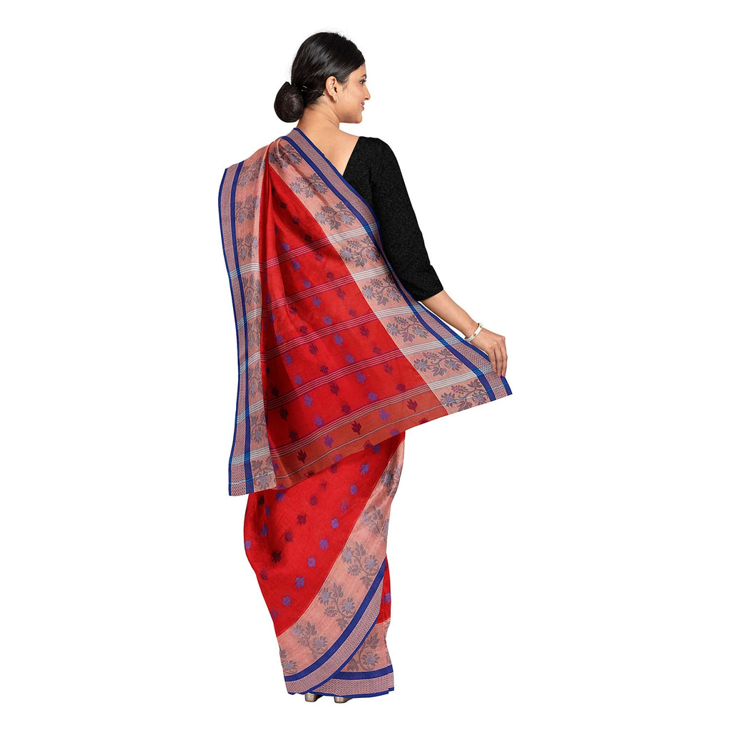 Exclusive Collection 100% Pure Cotton Red Tant Saree With Hand Weaving Work