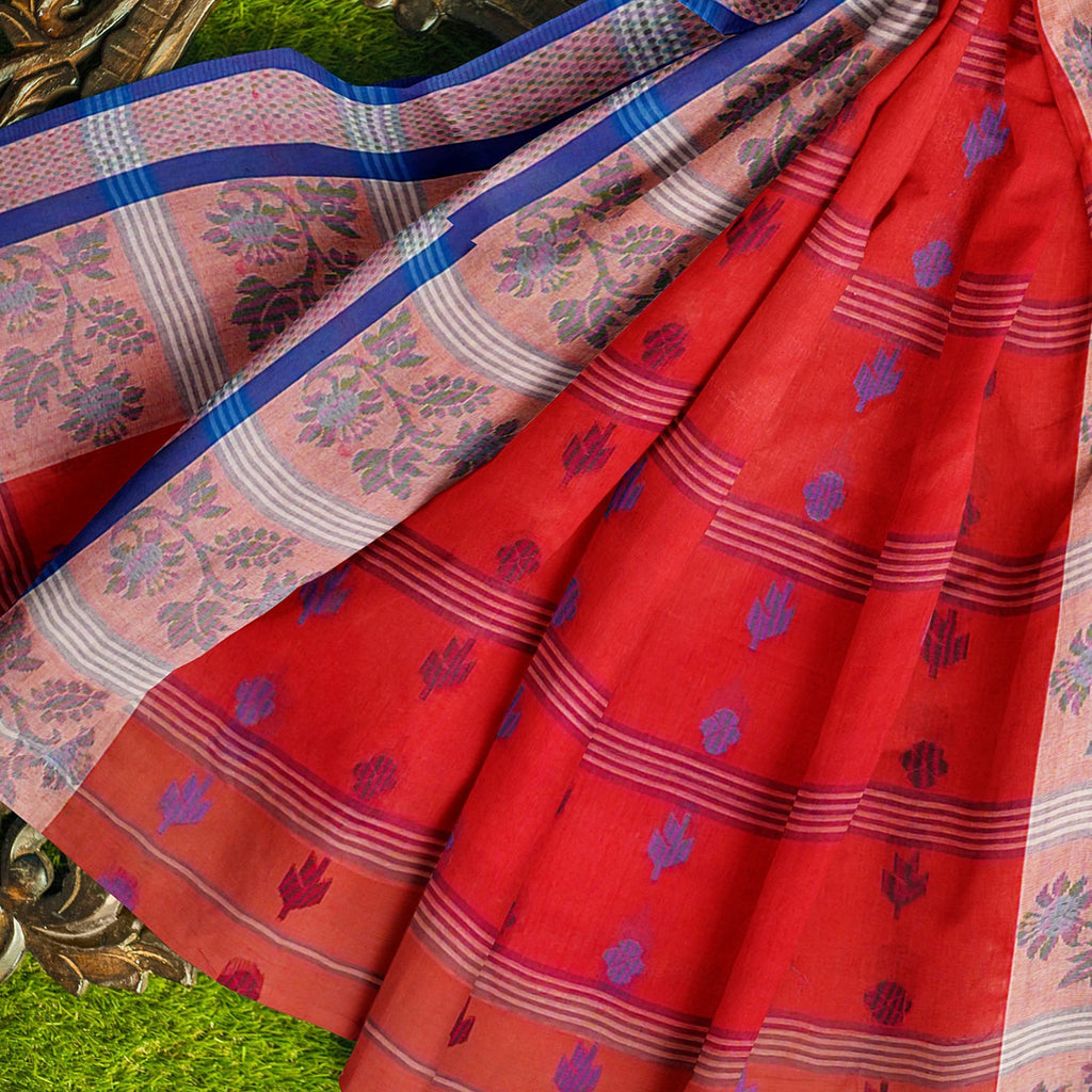 Exclusive Collection 100% Pure Cotton Red Tant Saree With Hand Weaving Work