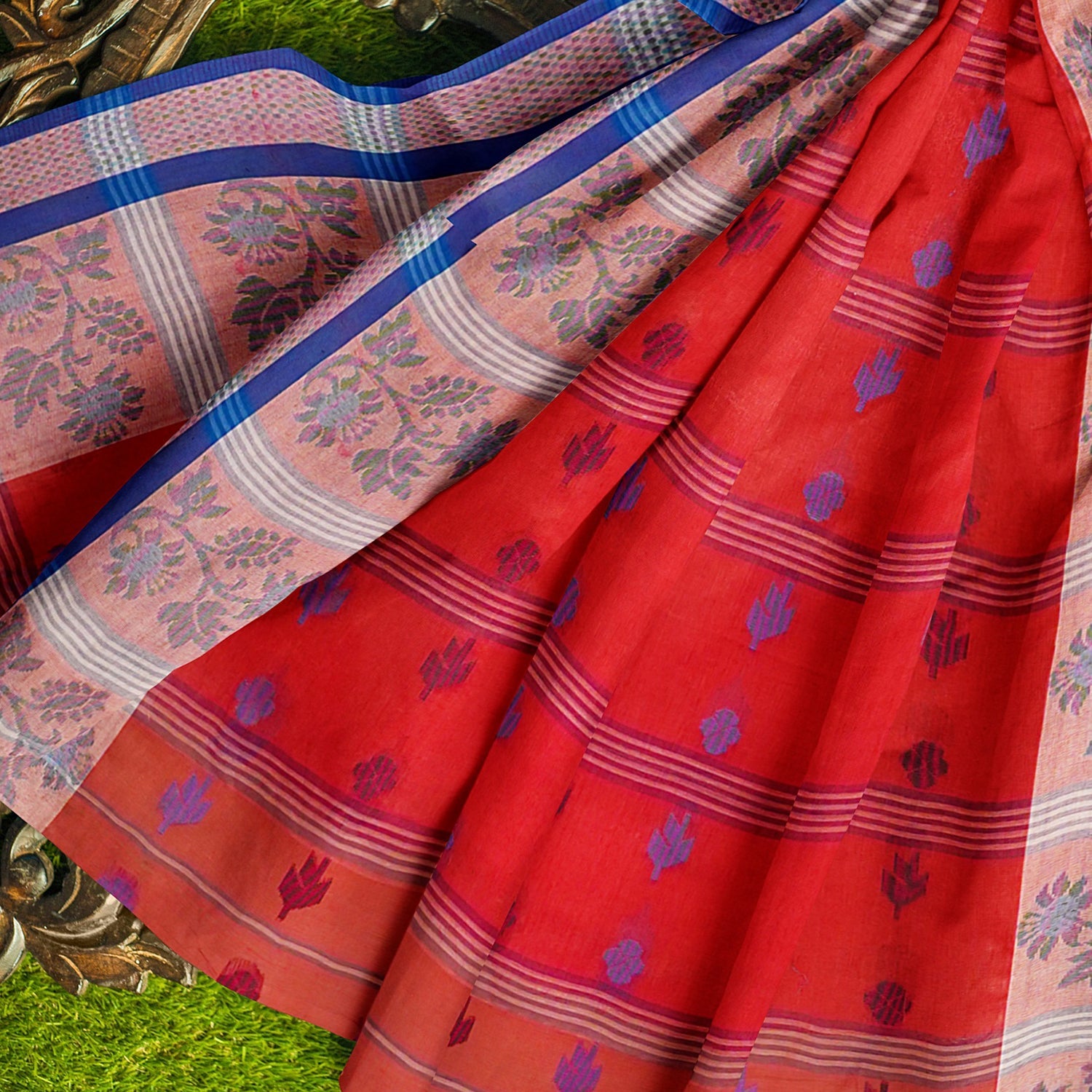 Exclusive Collection 100% Pure Cotton Red Tant Saree With Hand Weaving Work