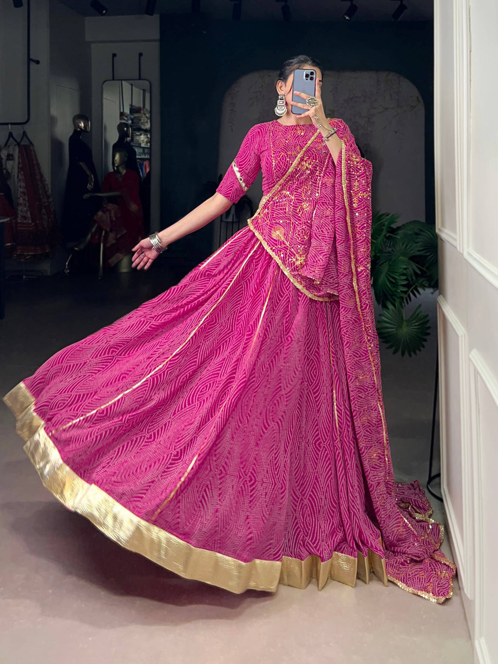 Lorenvalley Fashion Pink Georgette Bandhej Print and Embossed Design Lace with Gota Patti Touch Up Lehenga Choli with Dupatta