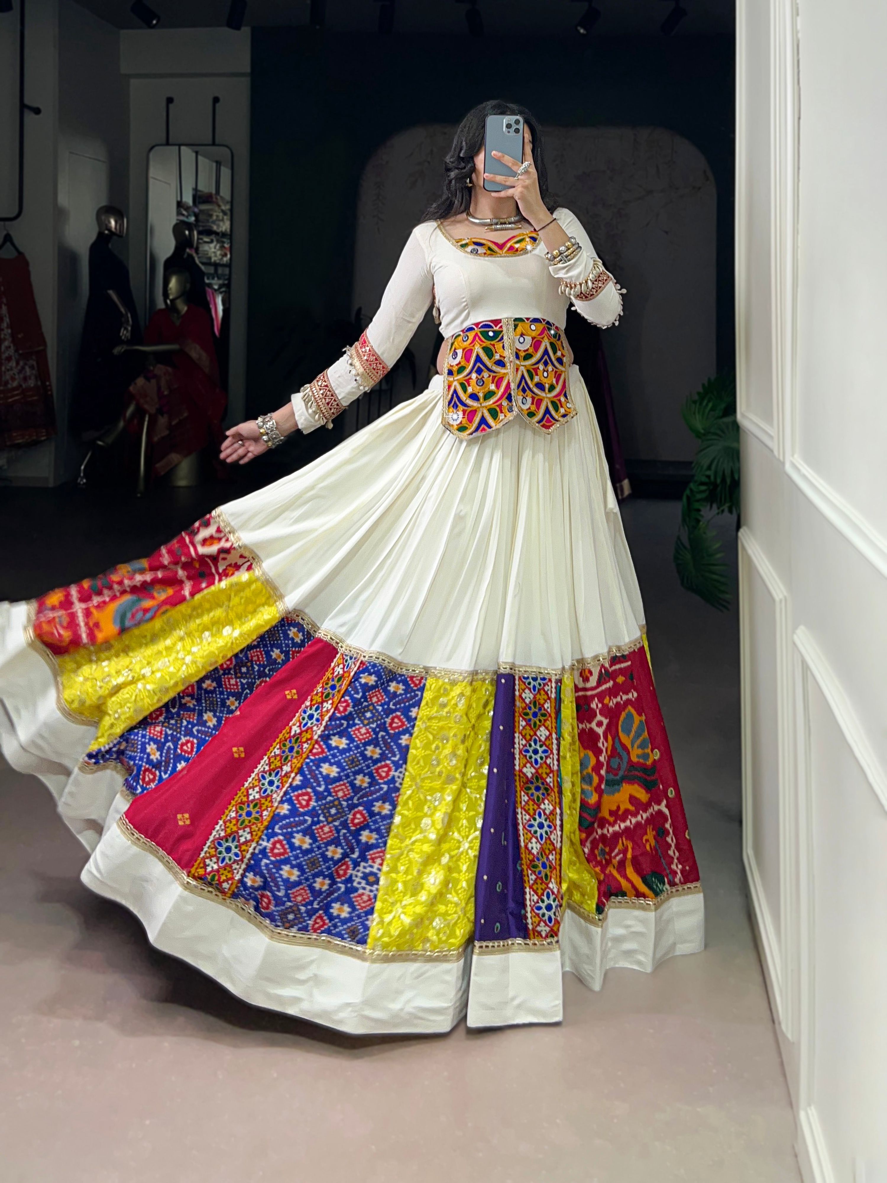 Lorenvalley Fashion White Pure Rayon Multi Colour Patch With Lace Touch Up Lehenga Choli