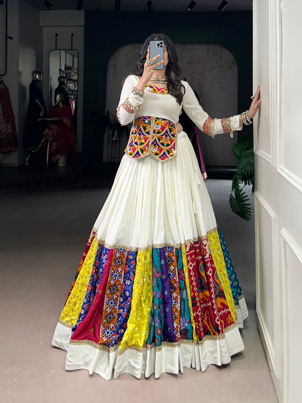 Lorenvalley Fashion White Pure Rayon Multi Colour Patch With Lace Touch Up Lehenga Choli