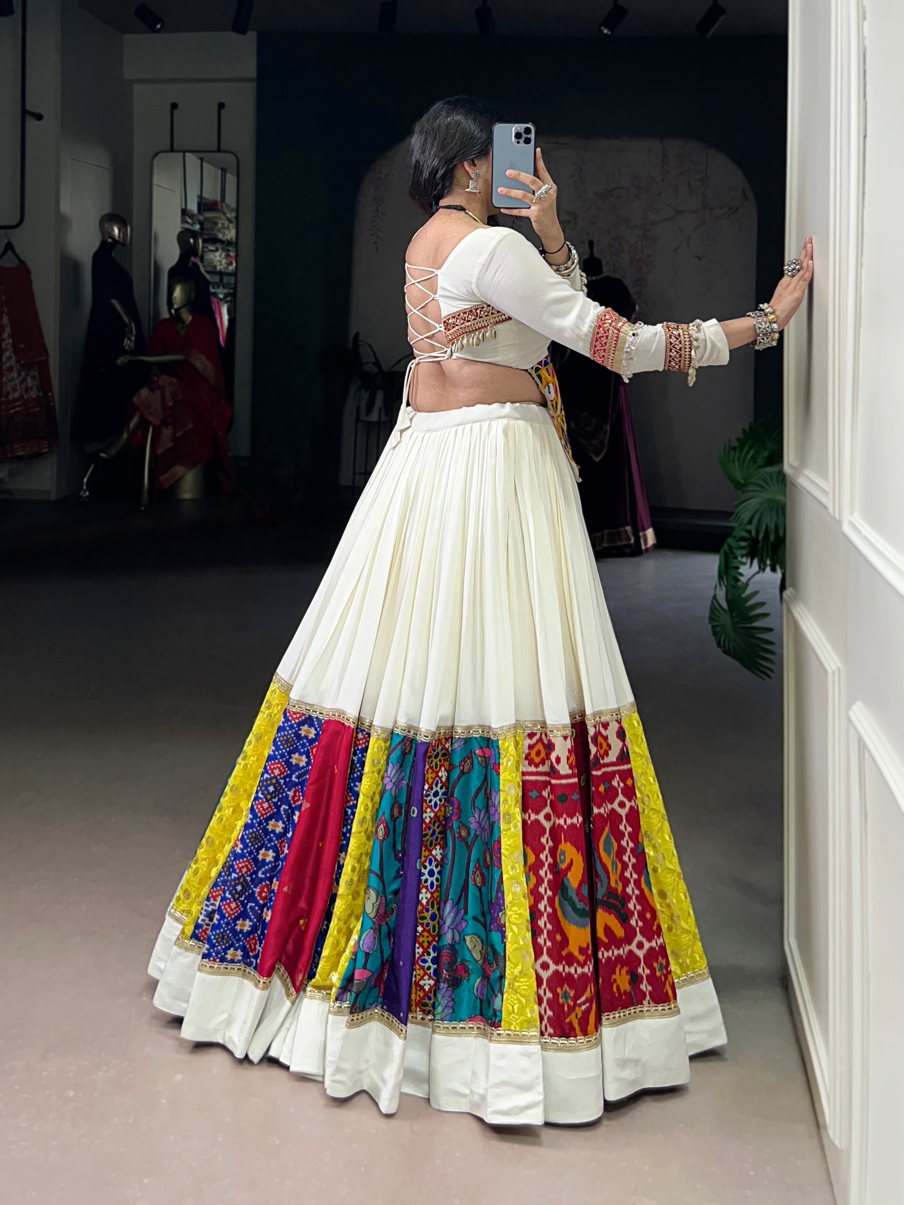 Lorenvalley Fashion White Pure Rayon Multi Colour Patch With Lace Touch Up Lehenga Choli