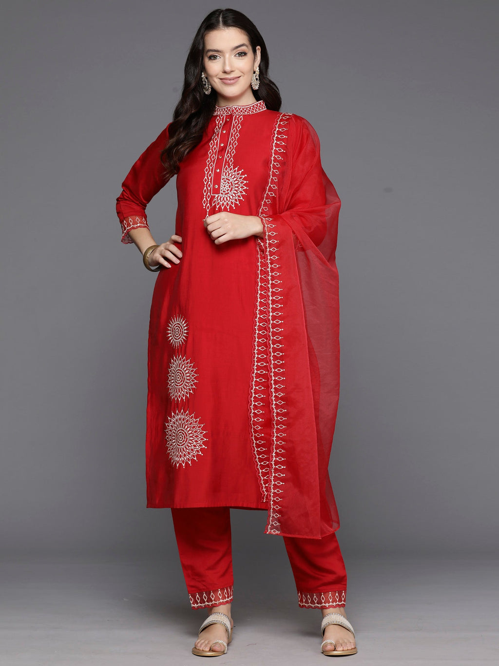 Indo Era Red Embroidered Straight Kurta Trousers With Dupatta Set