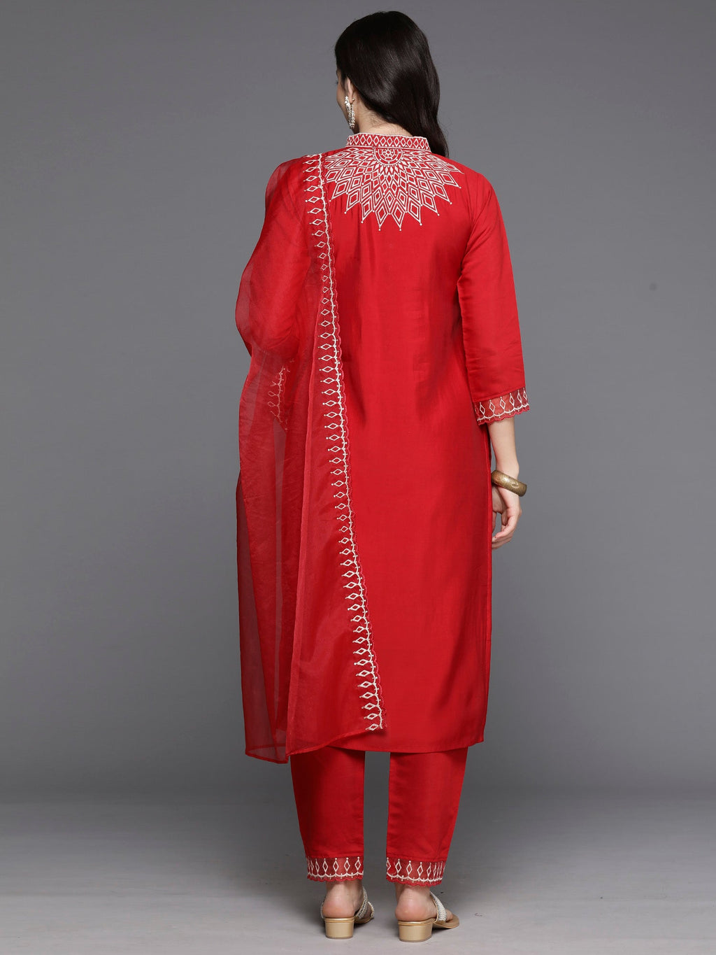 Indo Era Red Embroidered Straight Kurta Trousers With Dupatta Set