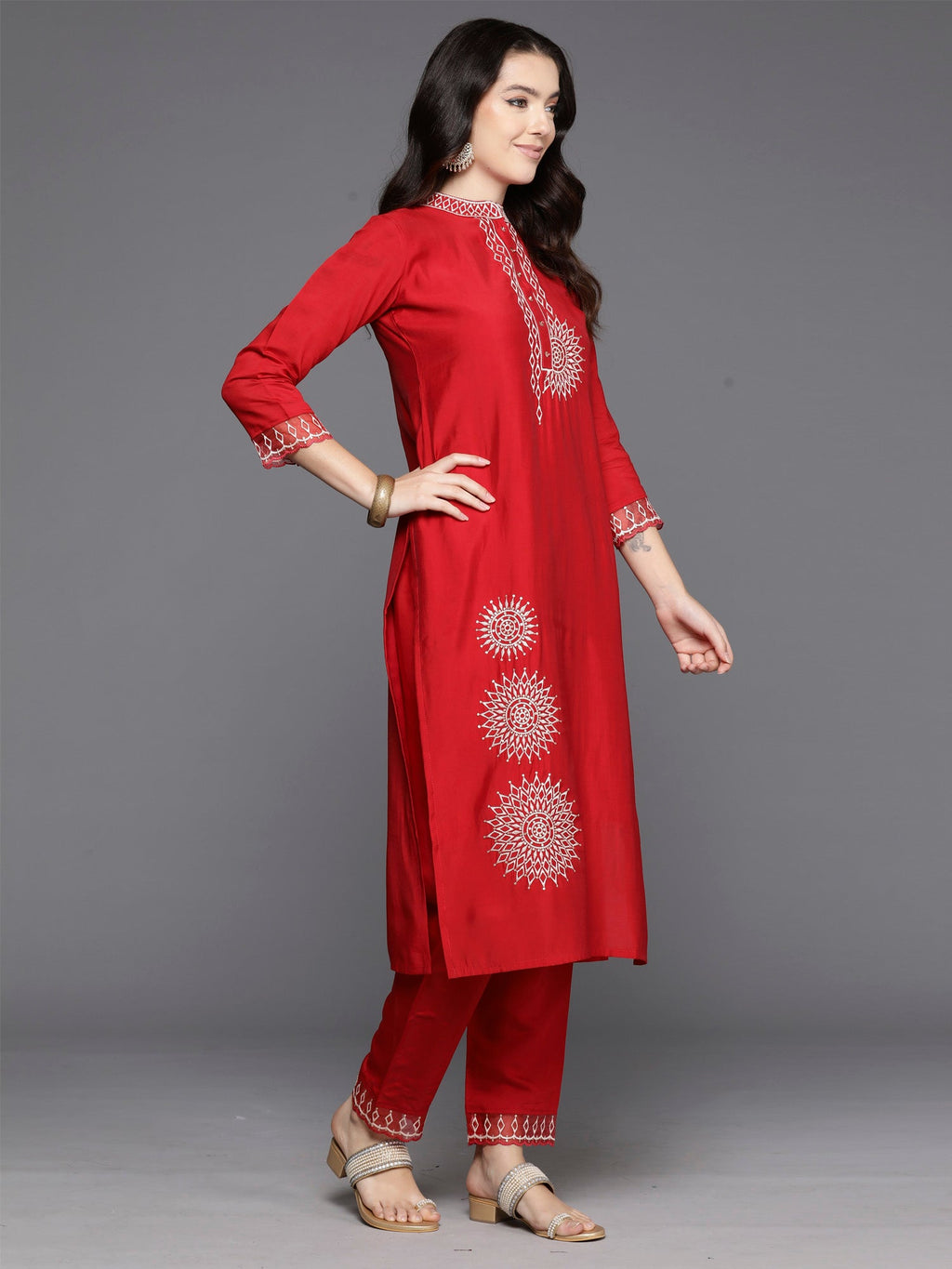 Indo Era Red Embroidered Straight Kurta Trousers With Dupatta Set