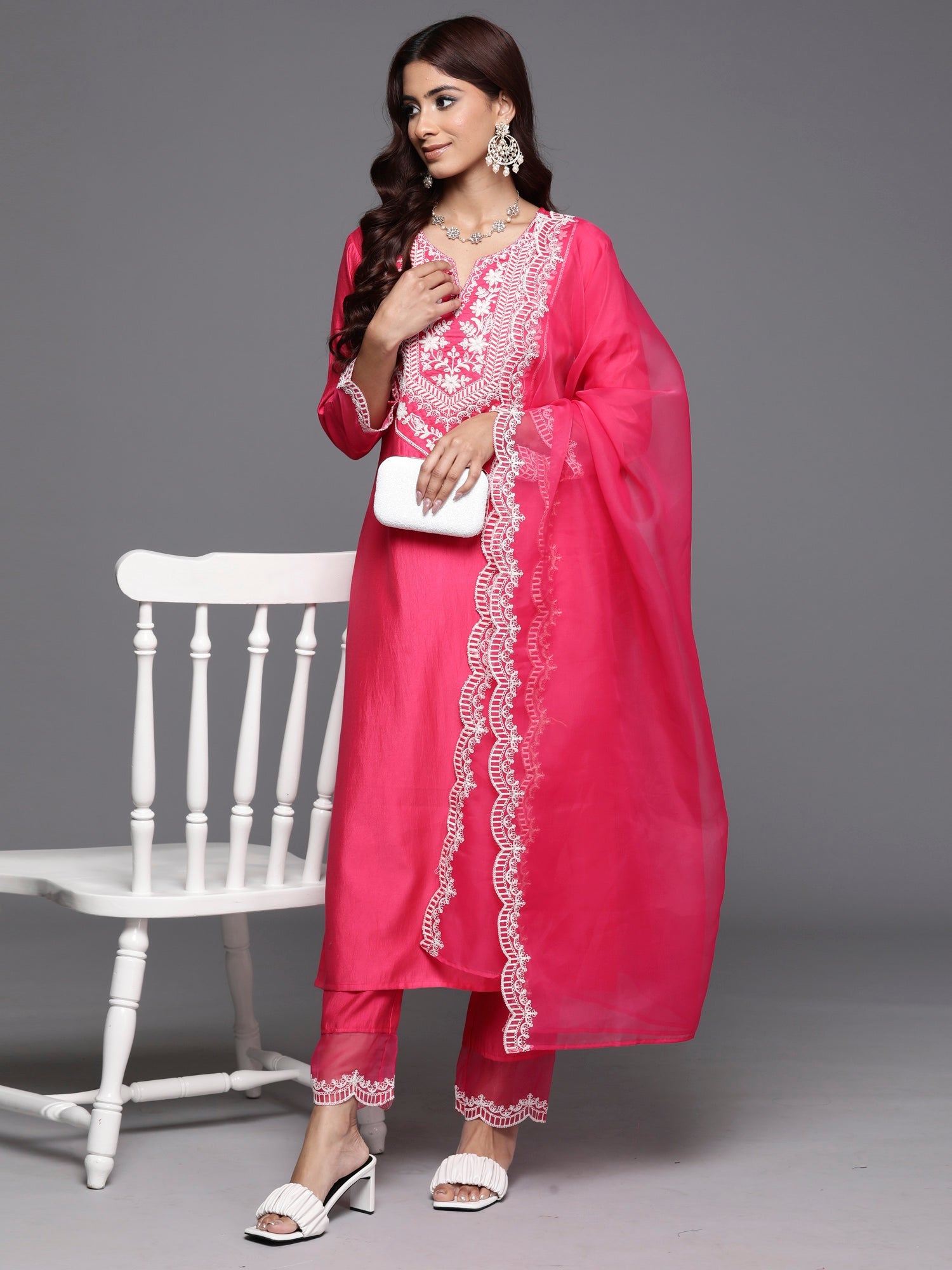 Indo Era Pink Embroidered Straight Kurta Trousers With Dupatta Set