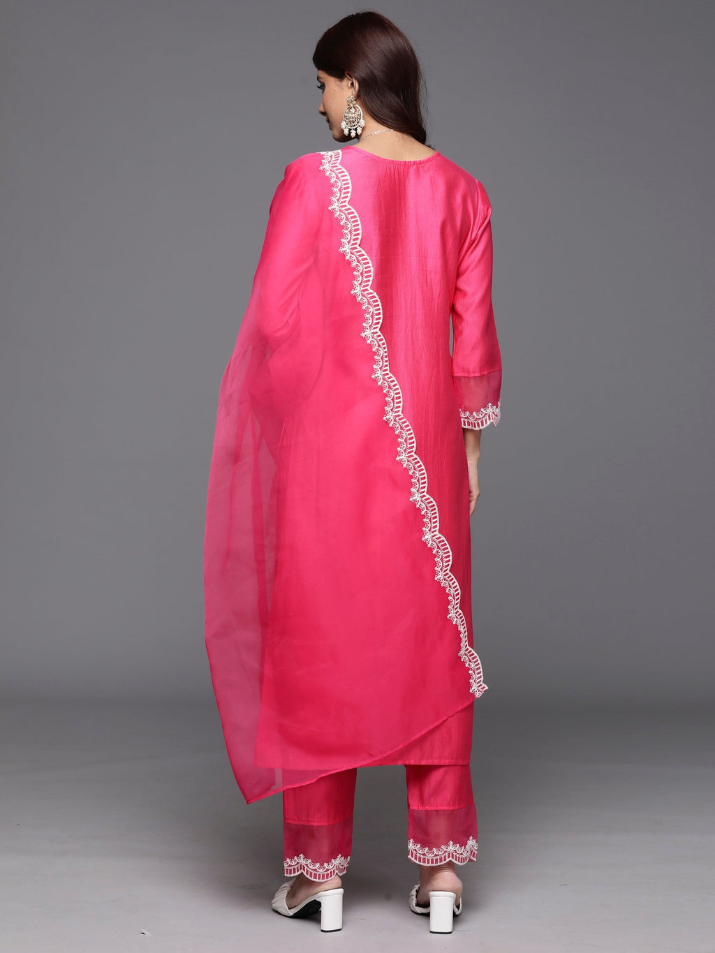 Indo Era Pink Embroidered Straight Kurta Trousers With Dupatta Set