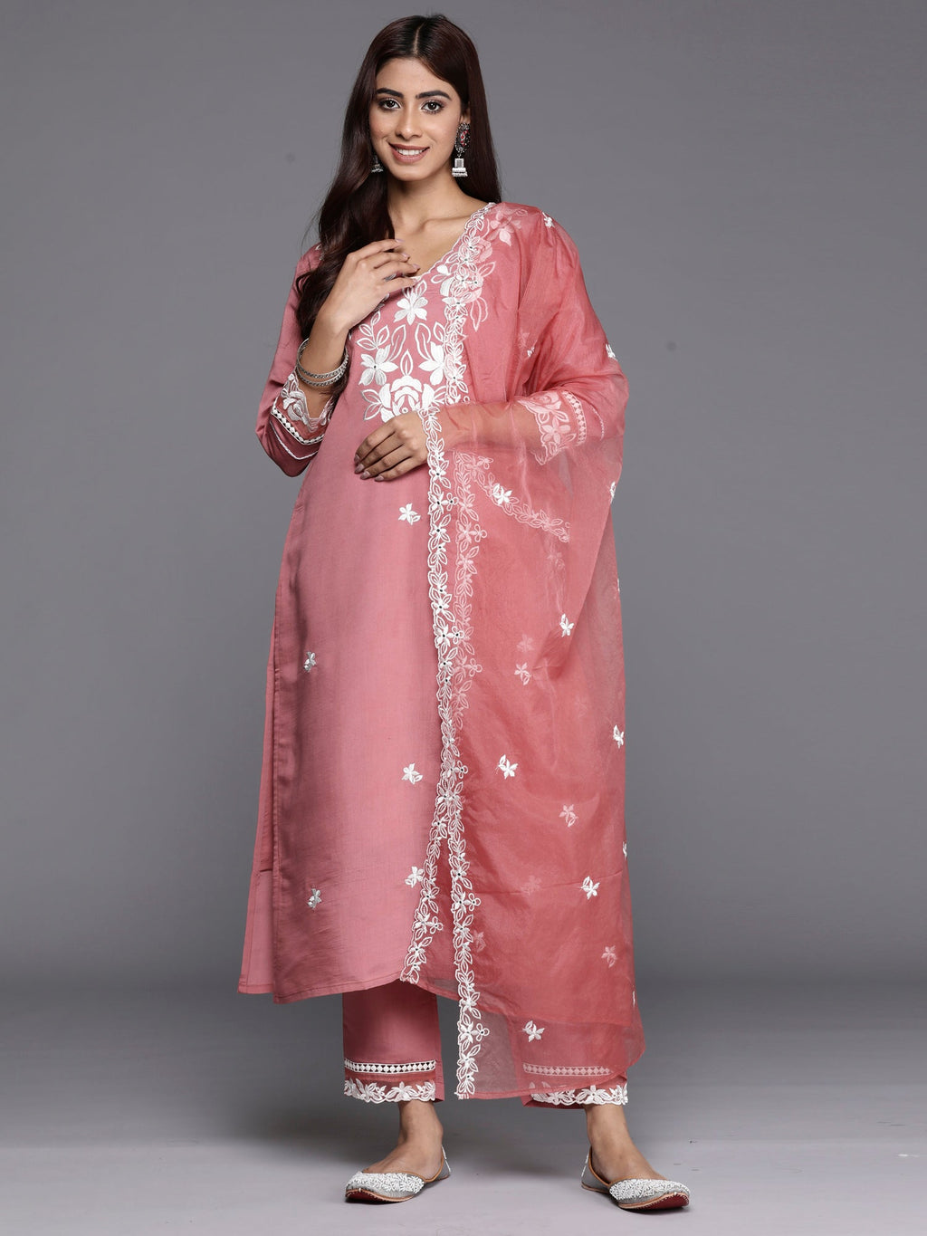 Indo Era Rust Embroidered Straight Kurta Trousers With Dupatta set
