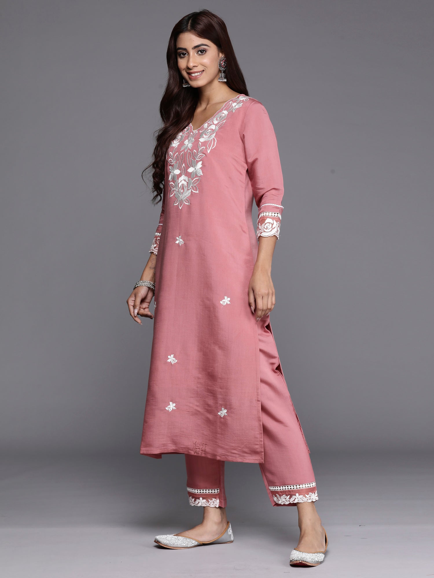 Indo Era Rust Embroidered Straight Kurta Trousers With Dupatta set