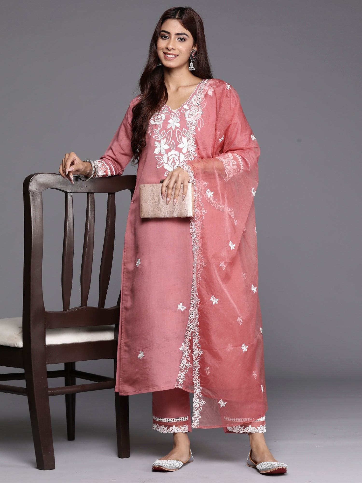 Indo Era Rust Embroidered Straight Kurta Trousers With Dupatta set