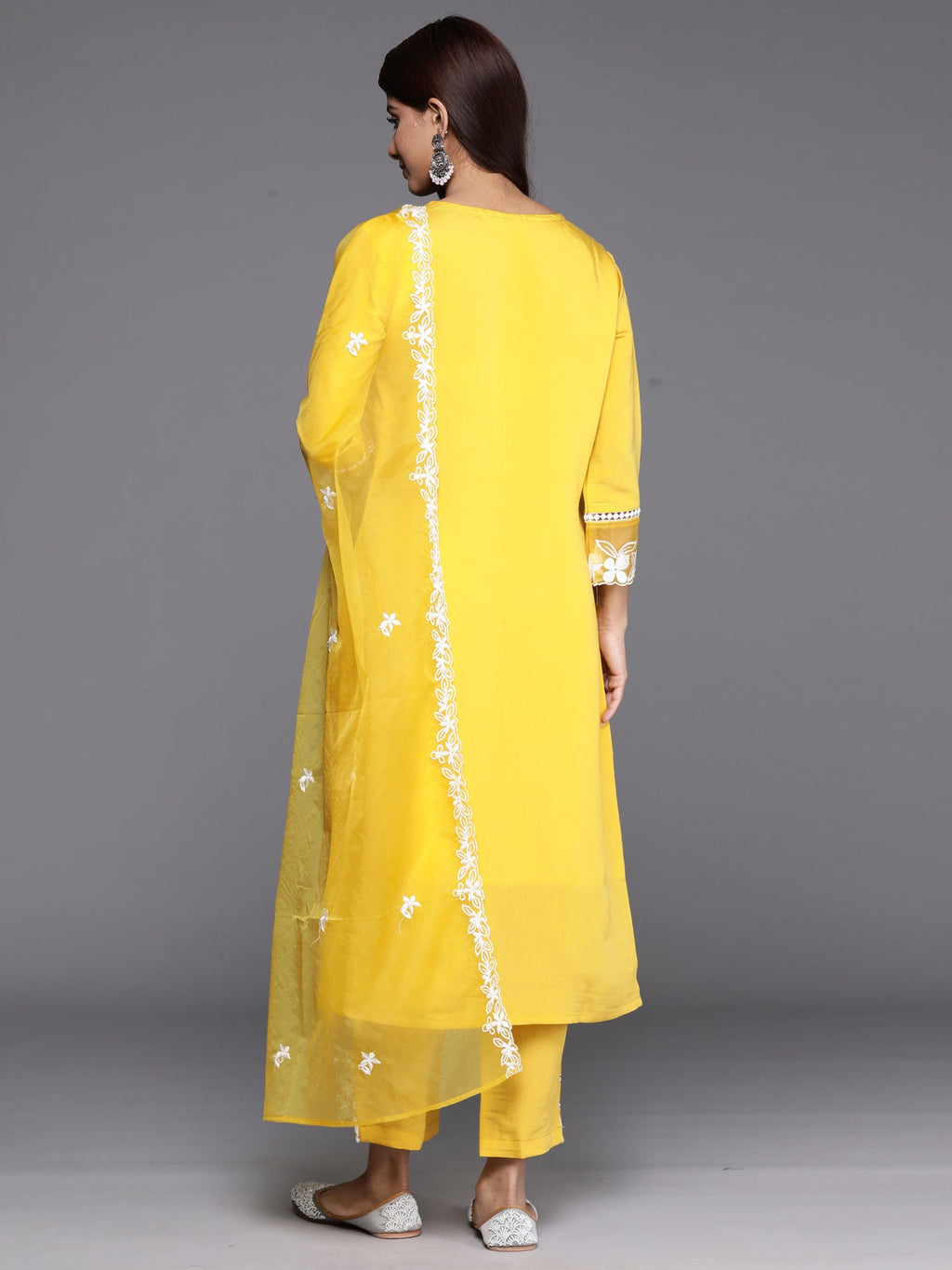 Indo Era Yellow Embroidered Straight Kurta Trousers With Dupatta set