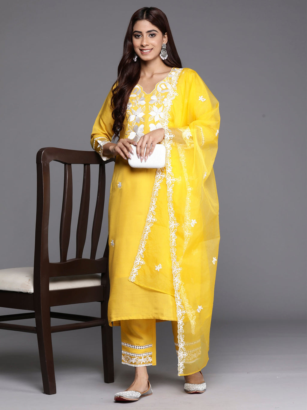 Indo Era Yellow Embroidered Straight Kurta Trousers With Dupatta set