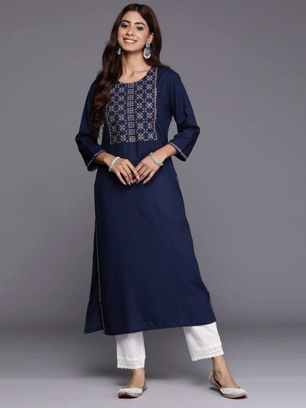 Indo Era Navy Blue Embroidered Straight Kurta