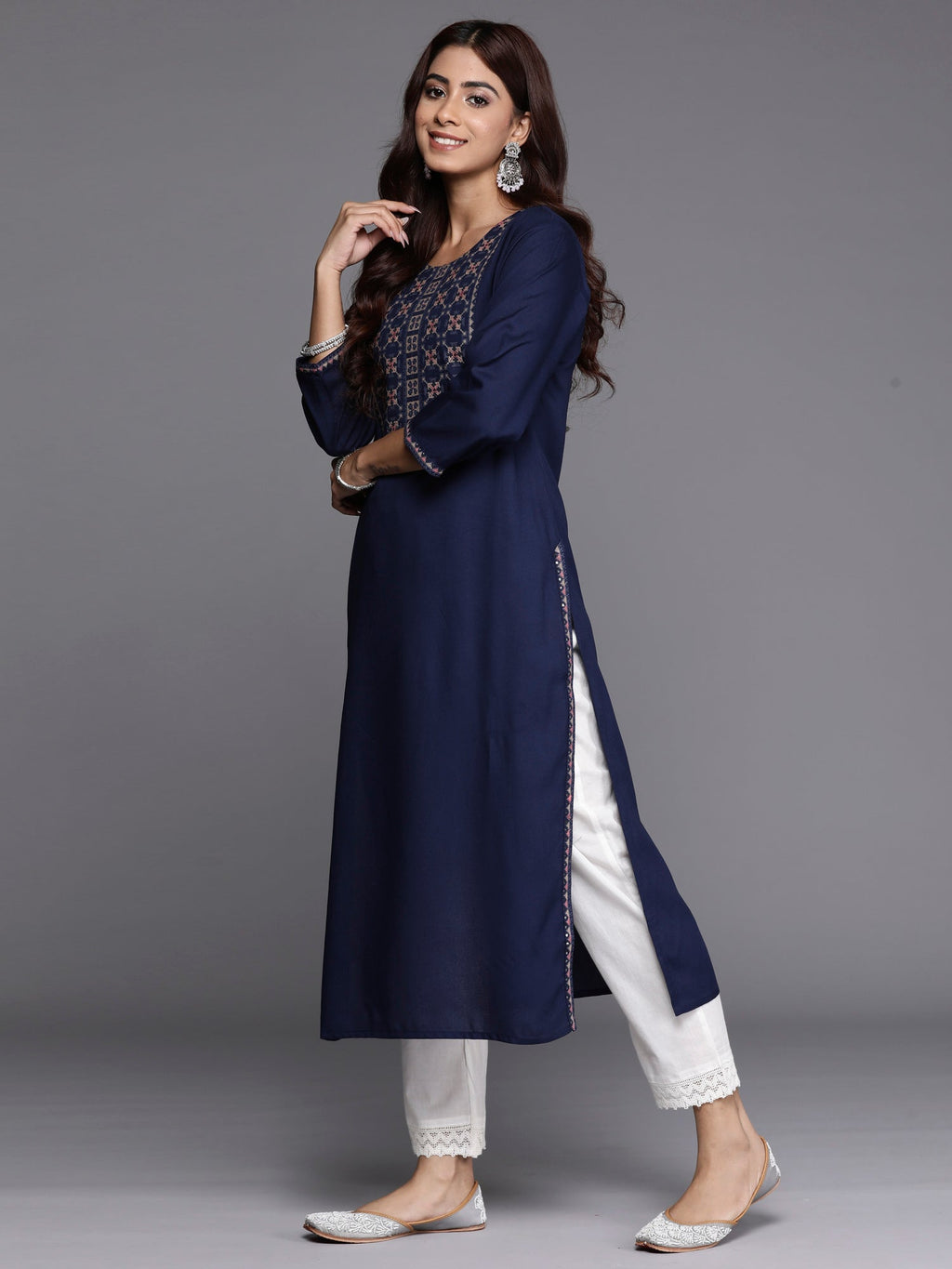 Indo Era Navy Blue Embroidered Straight Kurta
