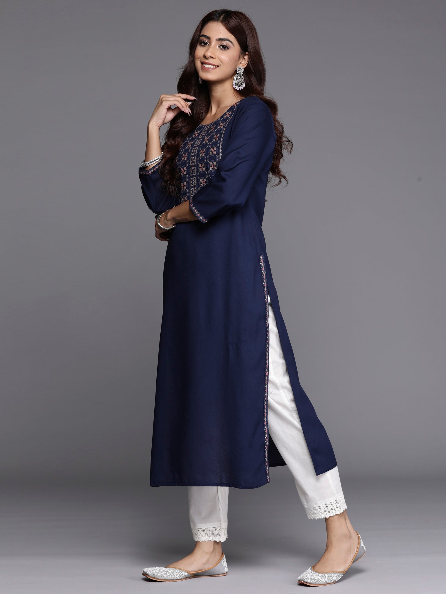 Indo Era Navy Blue Embroidered Straight Kurta
