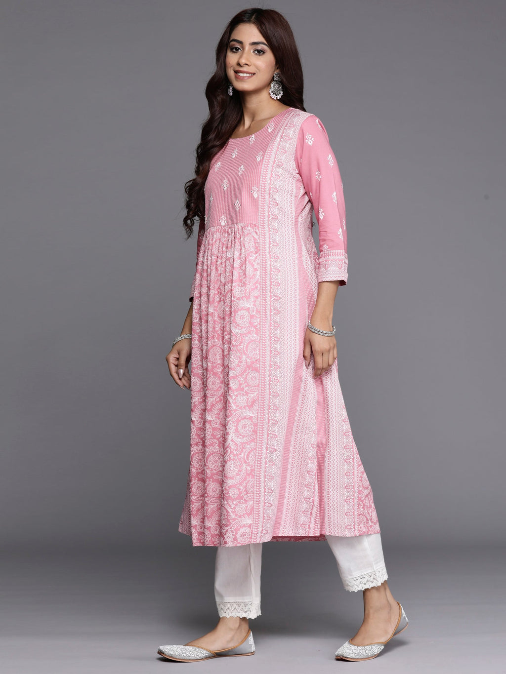 Indo Era Pink Printed A-Line Kurta
